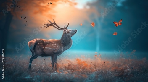a deer standing in the middle of a forest with a butterfly flying above it and a butterfly flying above it.