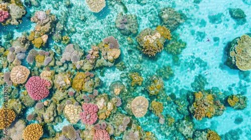 Top-down aerial view shows a richly hued coral reef teeming with life beneath the shimmering sea surface