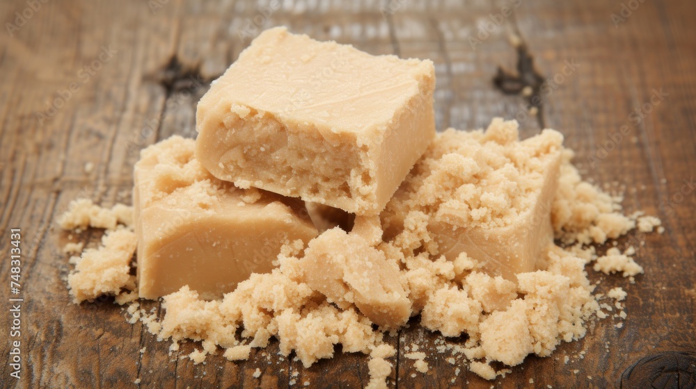a pile of brown sugar sitting on top of a wooden table next to a pile of brown sugar on top of a wooden table. a pile of brown sugar sitting on top of a wooden table next to a pile of brown sugar on top of a wooden table.
