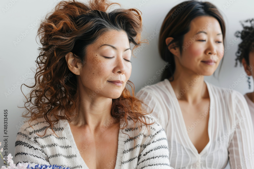 Serene Asian Woman with Friends Enjoying a Quiet Moment Serene Asian Woman with Friends Enjoying a Quiet Moment