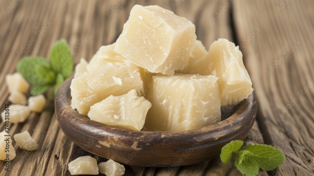 a wooden bowl filled with cubes of butter on top of a wooden table next to a sprig of mint. a wooden bowl filled with cubes of butter on top of a wooden table next to a sprig of mint.