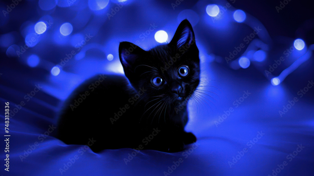 a black kitten with blue eyes sitting on a blue blanket in a dark room with boke of lights in the background.