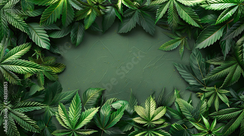 green canabis leaves framing text space in the center in painting style background