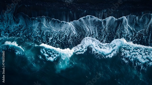 Black, volcanic beach, Aerial drone view of moody atlantic ocean wave on black sand beach in summer  © Ziyan Yang