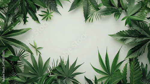 green canabis leaves framing text space in the center in painting style background