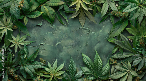 green canabis leaves framing text space in the center in painting style background