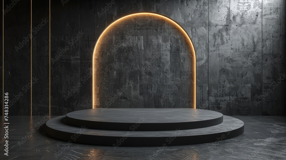 Sleek Black Podium in a Dark Space with Ambient Light Generative AI Sleek Black Podium in a Dark Space with Ambient Light Generative AI