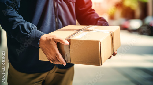 A delivery person in a blue jacket holding a cardboard package with care, ready to hand it to a customer. The focus is on the package