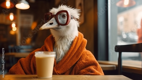 A anthropomorphic hipster goose in glasses and a suit drinks coffee in a cafe. 