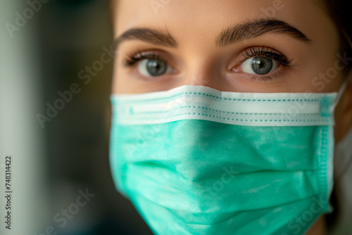 Close-up of a Woman's Face Wearing a Medical Mask During Health Precautions