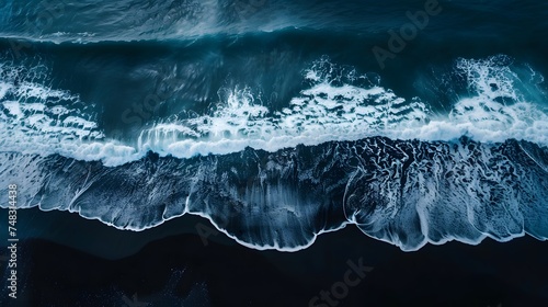 Black, volcanic beach, Aerial drone view of moody atlantic ocean wave on black sand beach in summer 