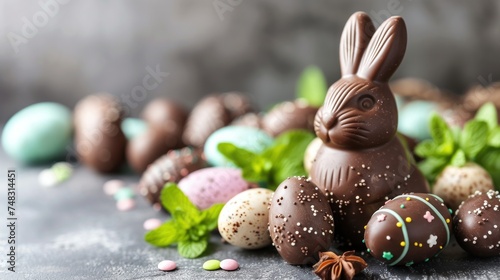 a chocolate bunny sitting on top of a table next to chocolate eggs and sprinkled with sprinkles.