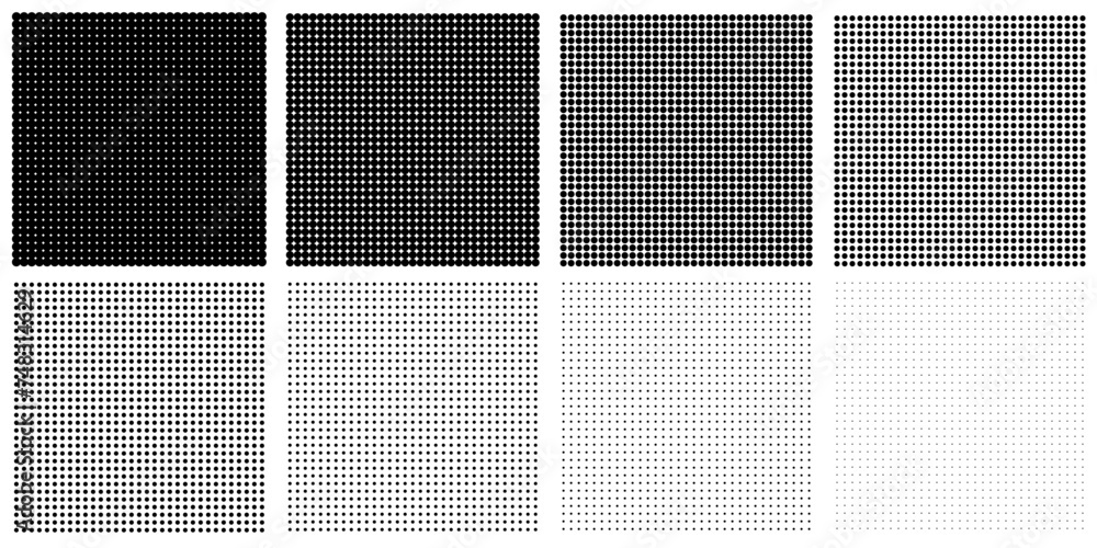 GRIS TRAMÉ UNIFORME VECTORIEL DROIT. 8 trames monochromes par points parfaitement ronds. 1089 points par carrés