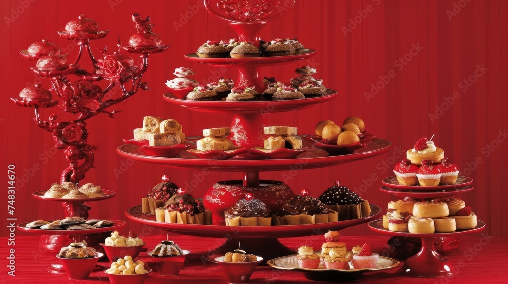 a red table topped with a tiered tray filled with lots of cakes and desserts next to a red wall.