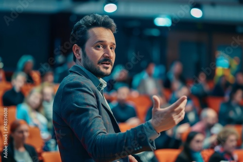 Dynamic corporate speaker engaging with audience during a professional workshop Showcasing public speaking skills and industry knowledge