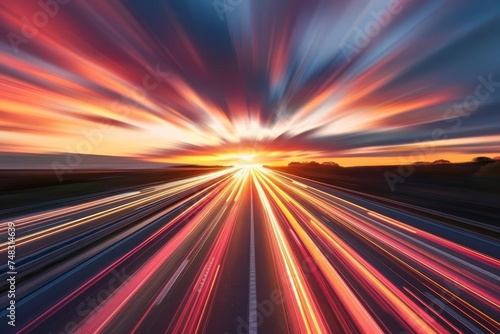 Dynamic image of a semi-truck speeding down a highway at sunset Symbolizing efficient logistics and cargo transport