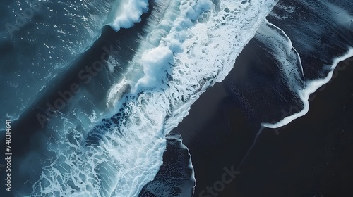 Black, volcanic beach, Aerial drone view of moody atlantic ocean wave on black sand beach in summer 