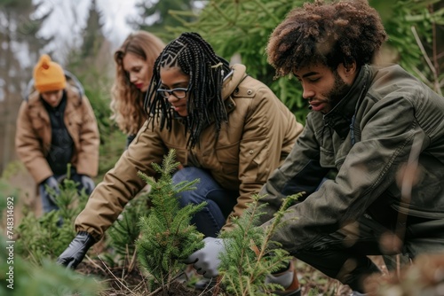 Eco-conscious community engaging in tree planting and care to combat climate change and promote sustainability