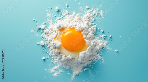 an egg is sitting in a pile of white powder on a blue background, top view, with space for text.