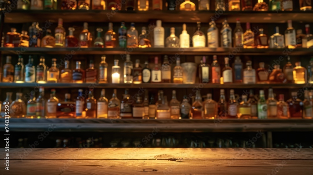 a wooden table sitting in front of a shelf filled with bottles of different types of liquor on top of a wooden shelf. a wooden table sitting in front of a shelf filled with bottles of different types of liquor on top of a wooden shelf.