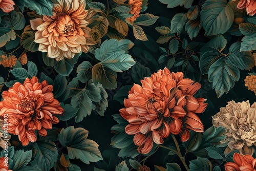 Fantasy vintage wallpaper with a bunch of botanical flowers. elegant and timeless floral print for digital backgrounds and prints photo