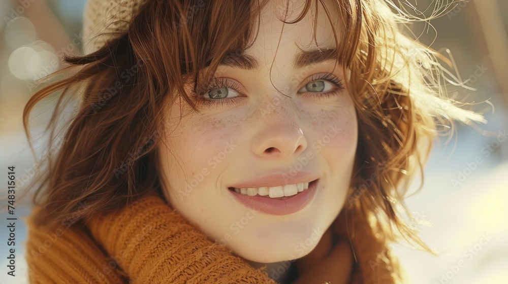 Close-up of a woman smiling in winter sunlight Close-up of a woman smiling in winter sunlight