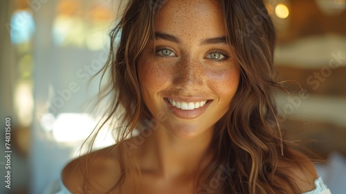 Young woman smiling, freckles highlighted by sunlight