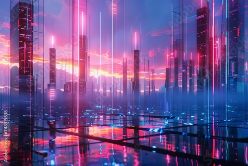 Futuristic abstract neon landscape With vibrant pink and blue hues creating an otherworldly digital realm