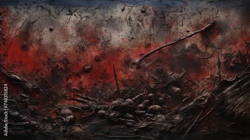 Illustration design of war soldiers on the battlefield and carrying rifles, with a red-hot background and thick smoke and debris.