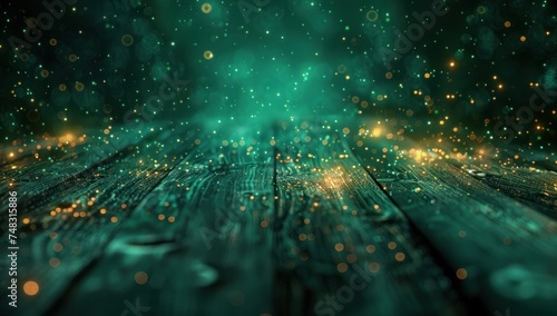 dark wooden table with green glowing lights on the background