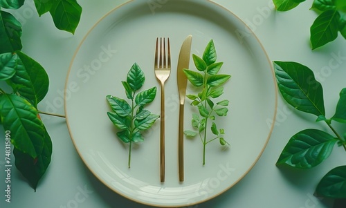 green foliage and gold fork on white plate