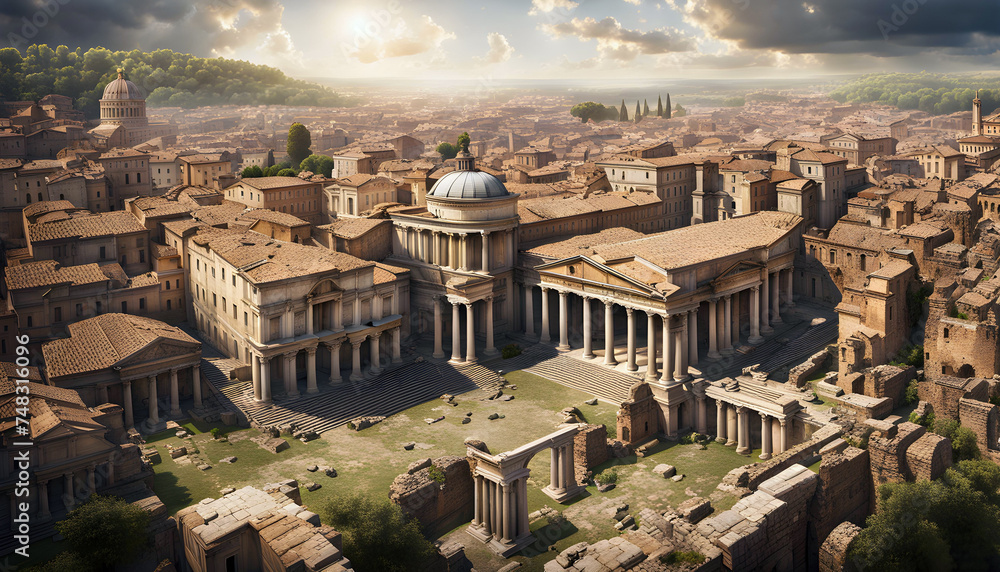 panoramic view of an a large ancient roman city with columned large buildings and houses stretching to the horizon