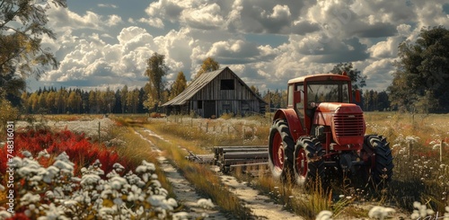 farm with tractor and wooden board