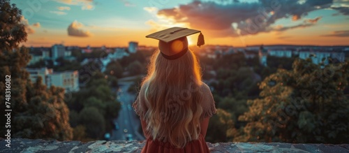 girl with graduation cap looking back at sunset