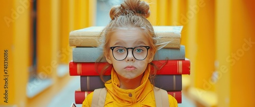 girl holding bunch of books head on orange