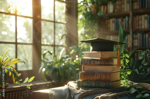graduation cap on top of books with sunlight coming in through the window