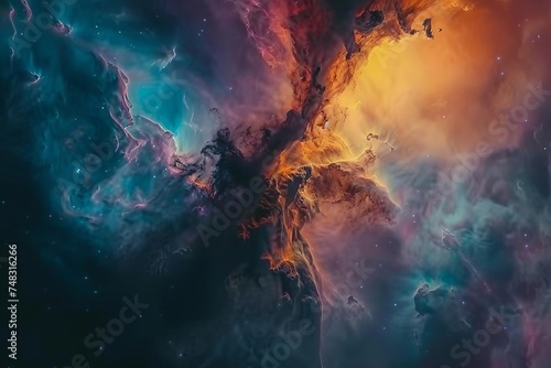 Illustration of an interstellar cloud with vibrant colors and cosmic elements Creating a mesmerizing space nebula scene © Bijac