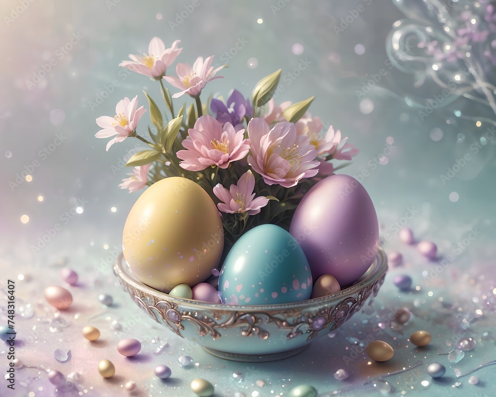 Easter colored eggs with designs and flowers on a blue background.