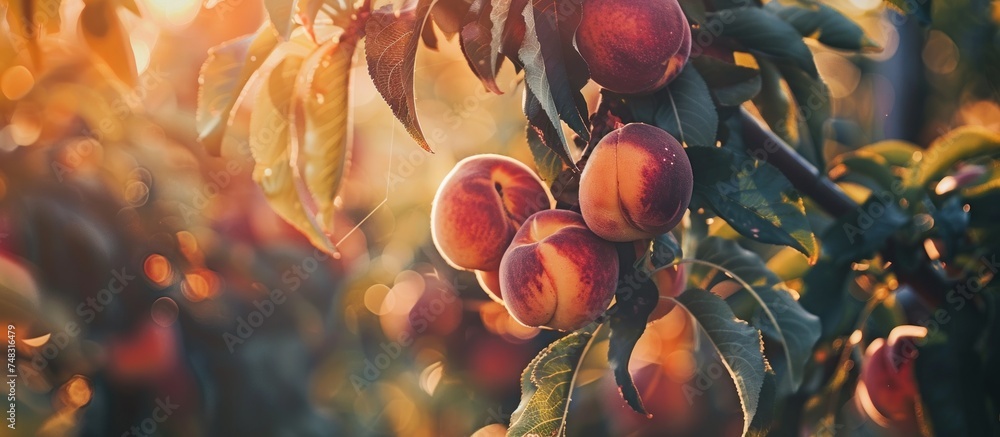 Peaches growing on a tree with slowing sunrise - obrazy, fototapety, plakaty 