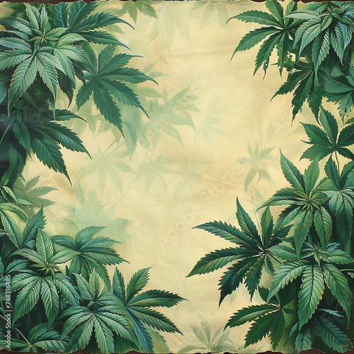 green canabis leaves framing text space in the center in painting style background
