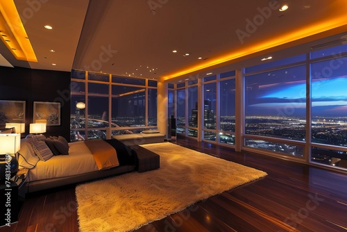 Luxurious penthouse bedroom with panoramic city views at night Featuring elegant decor and ambient lighting for a sophisticated atmosphere