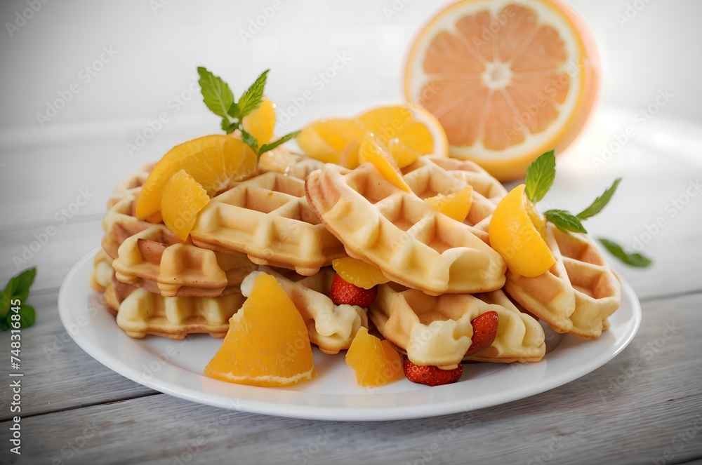 Cooked sweet Belgian waffles with oranges on the table.