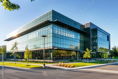 Modern corporate office building with sleek glass facade Epitomizing contemporary architecture and business innovation