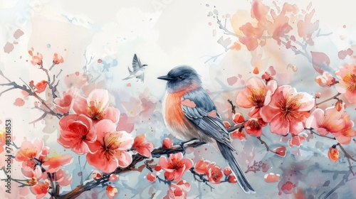 Pastel Easter Scene with Watercolor Flowers and Bird Generative AI