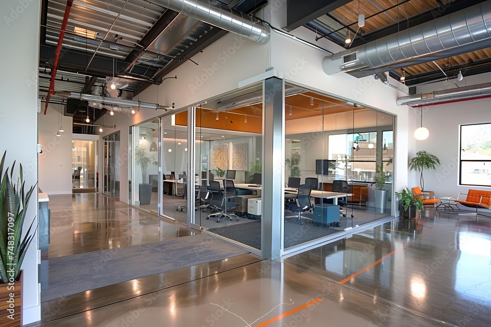 Open plan office space designed with modern aesthetics and glass ...
