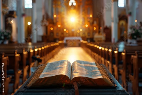 Open bible with radiant light emanating from the pages Placed on an altar in a serene church setting Symbolizing divine inspiration and faith.