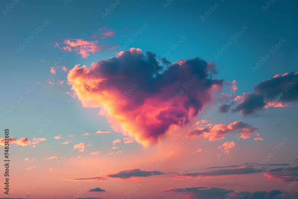 Romantic valentine's day concept featuring a heart-shaped cloud amidst a vibrant sunset sky