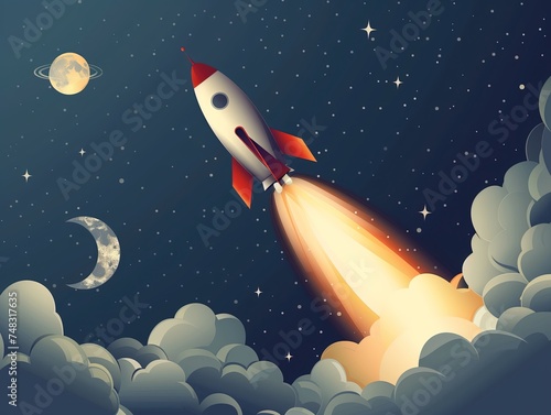 Childlike Illustration: Rocket Blasting into Space Amidst Clouds, Stars, Moon, and Planets