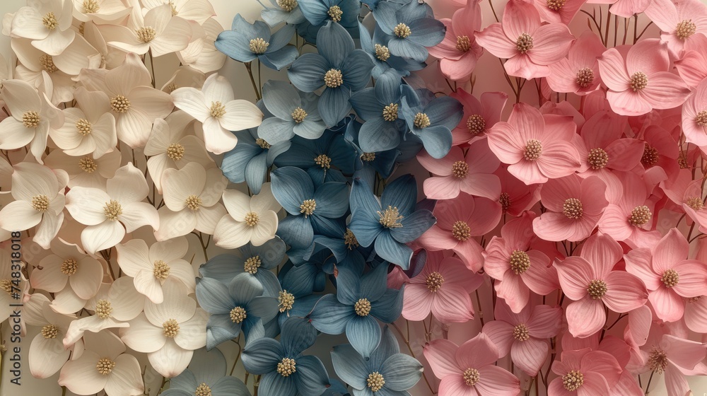 a bunch of pink, blue, and white flowers are arranged in a row on top of a white wall. a bunch of pink, blue, and white flowers are arranged in a row on top of a white wall.