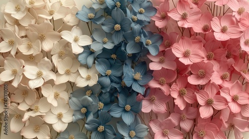 a bunch of pink, blue, and white flowers are arranged in a row on top of a white wall. photo